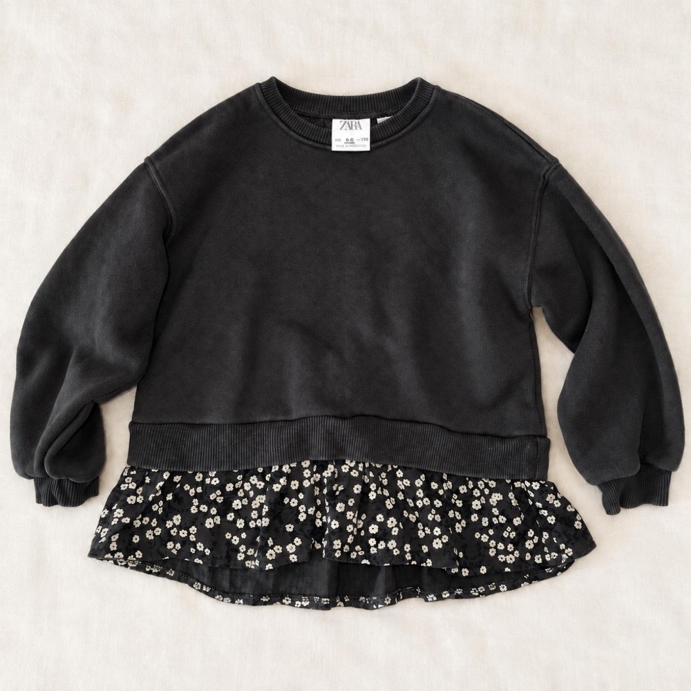 Zara Black Floral Ruffle Hem Sweatshirt • 4–5 Years